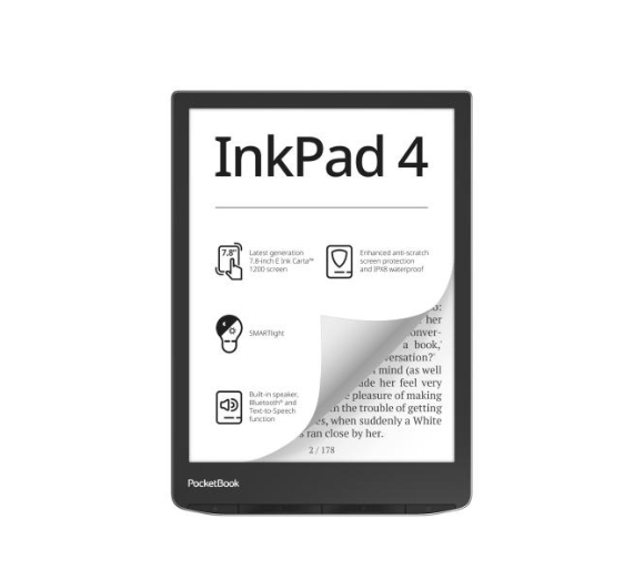 Pocketbook InkPad 4 e-book reader, 7.8" screen, 32GB memory, WiFi, silver
